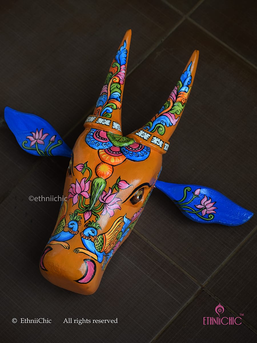 15" Hand-painted Wooden Bull Head - Kerala Mural Motifs