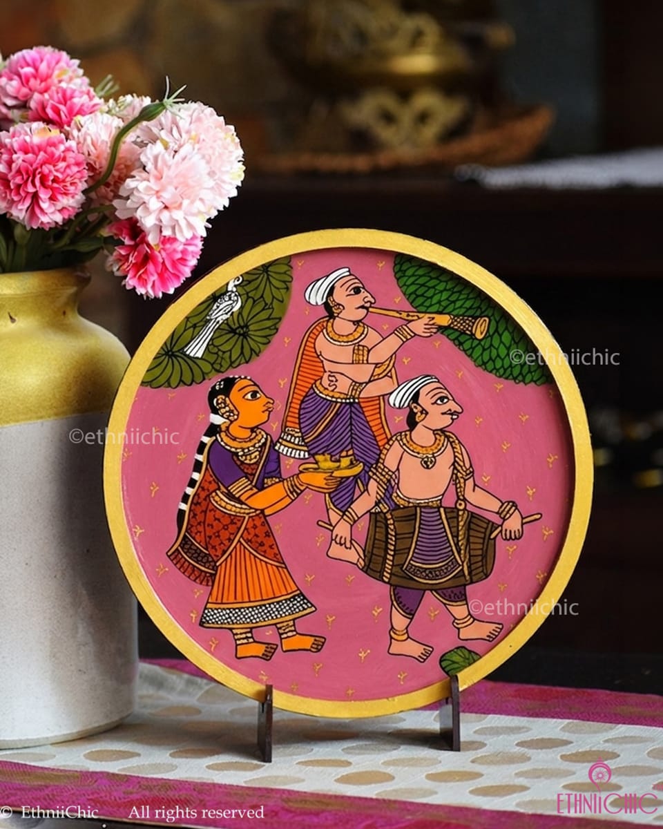 Village Musicians – Hand-Painted Cheriyal Wooden Wall Plate