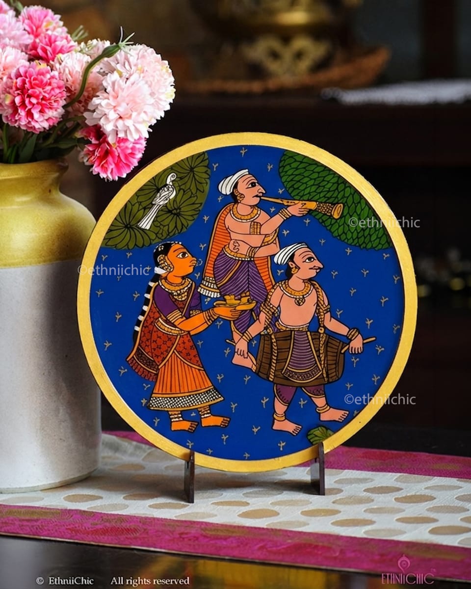 Village Musicians – Hand-Painted Cheriyal Wooden Wall Plate