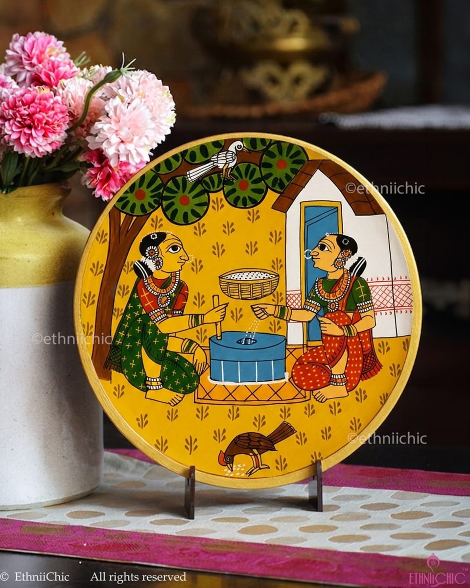 Grama Streelu – Hand-Painted Cheriyal Wooden Wall Plate