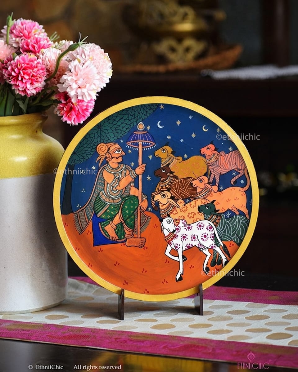 The Shepherd's Flock – Hand-Painted Cheriyal Wooden Wall Plate