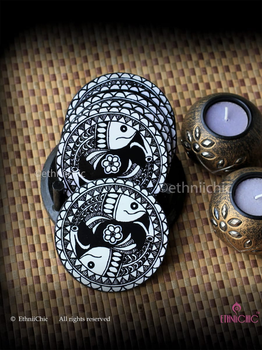 Coasters - Round - Madhubani Fish B and W