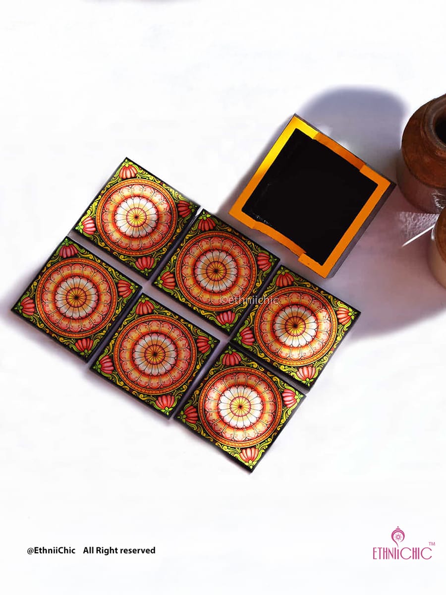Wooden Tea Coasters - Orange Mandala