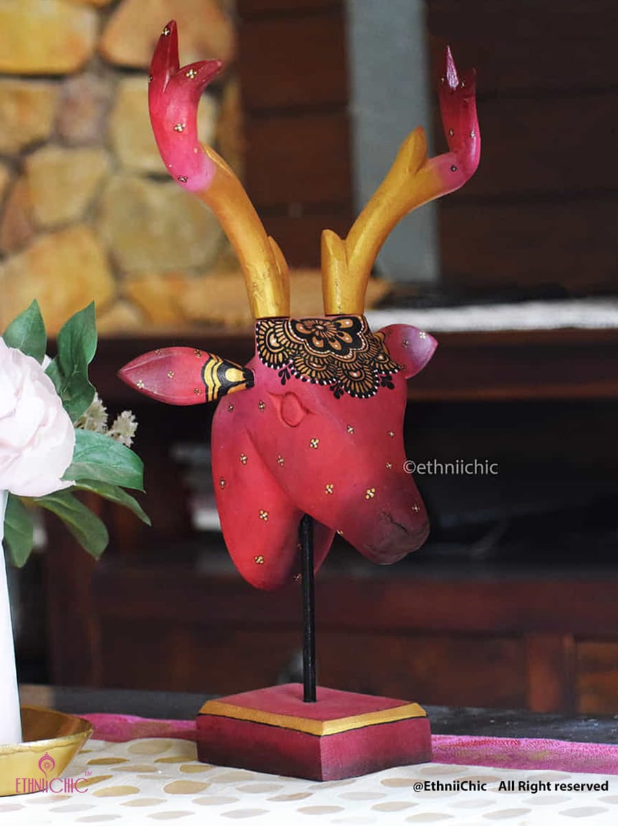 Hand Painted Wooden Deer Head on stand