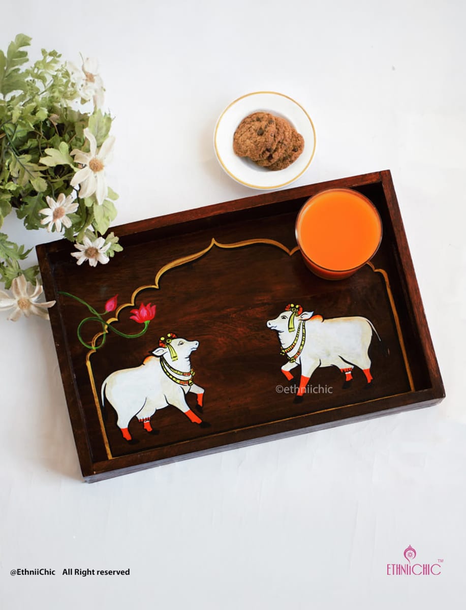 Hand Painted Cow Solid Wood Serving Tray