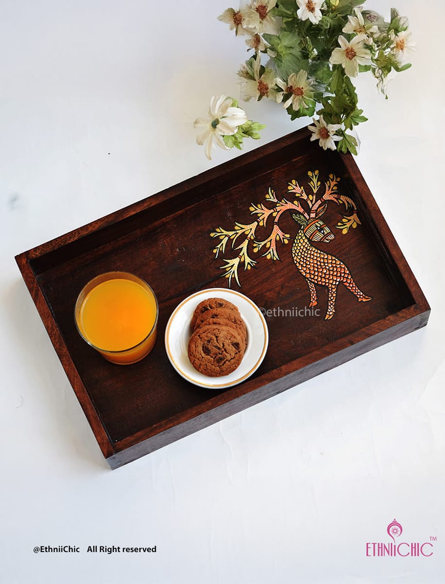 Hand Painted Deer Solid Wood Serving Tray