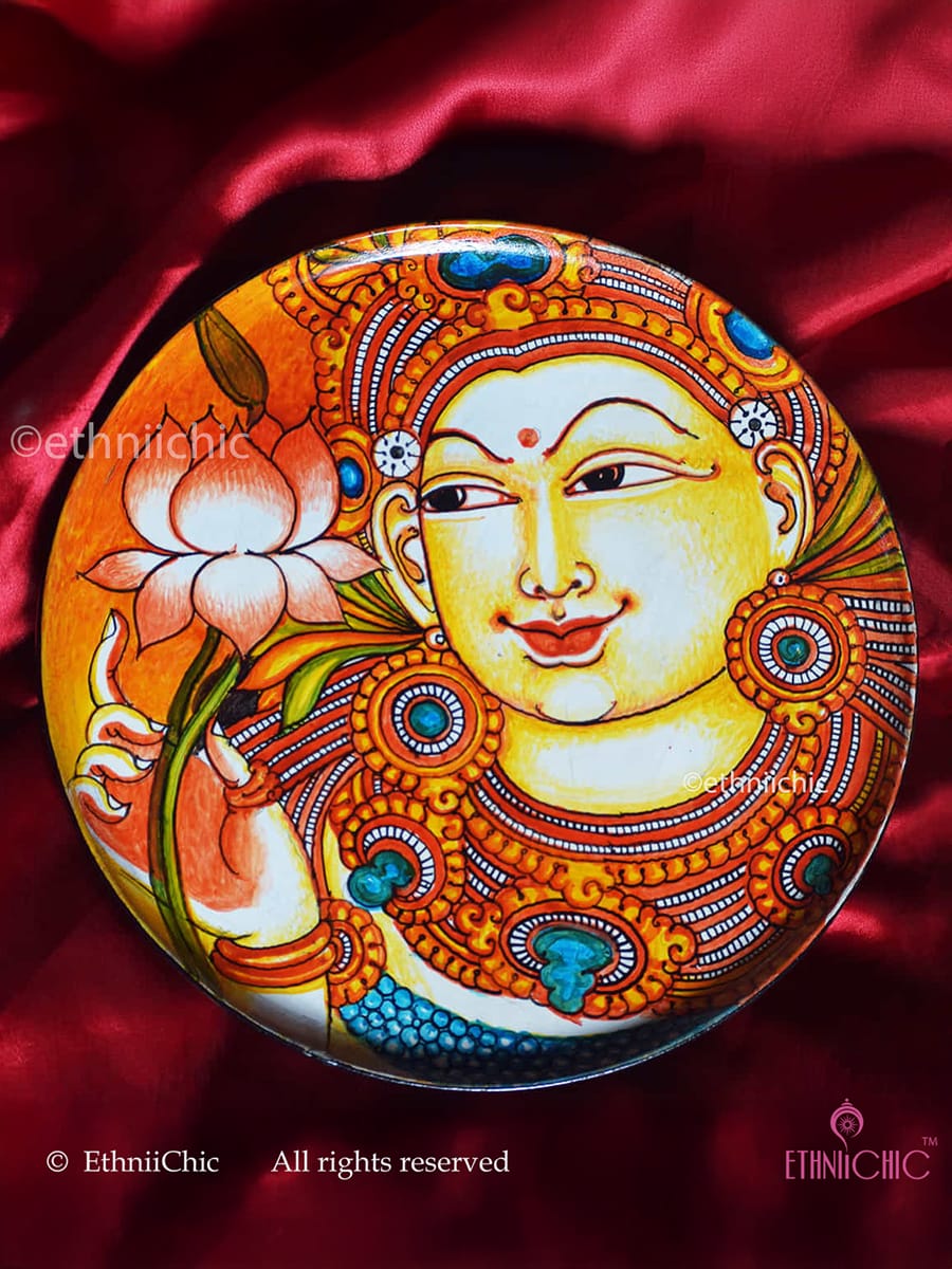 Handpainted Wooden Apsara Kerala Mural Wall Plate - 10"