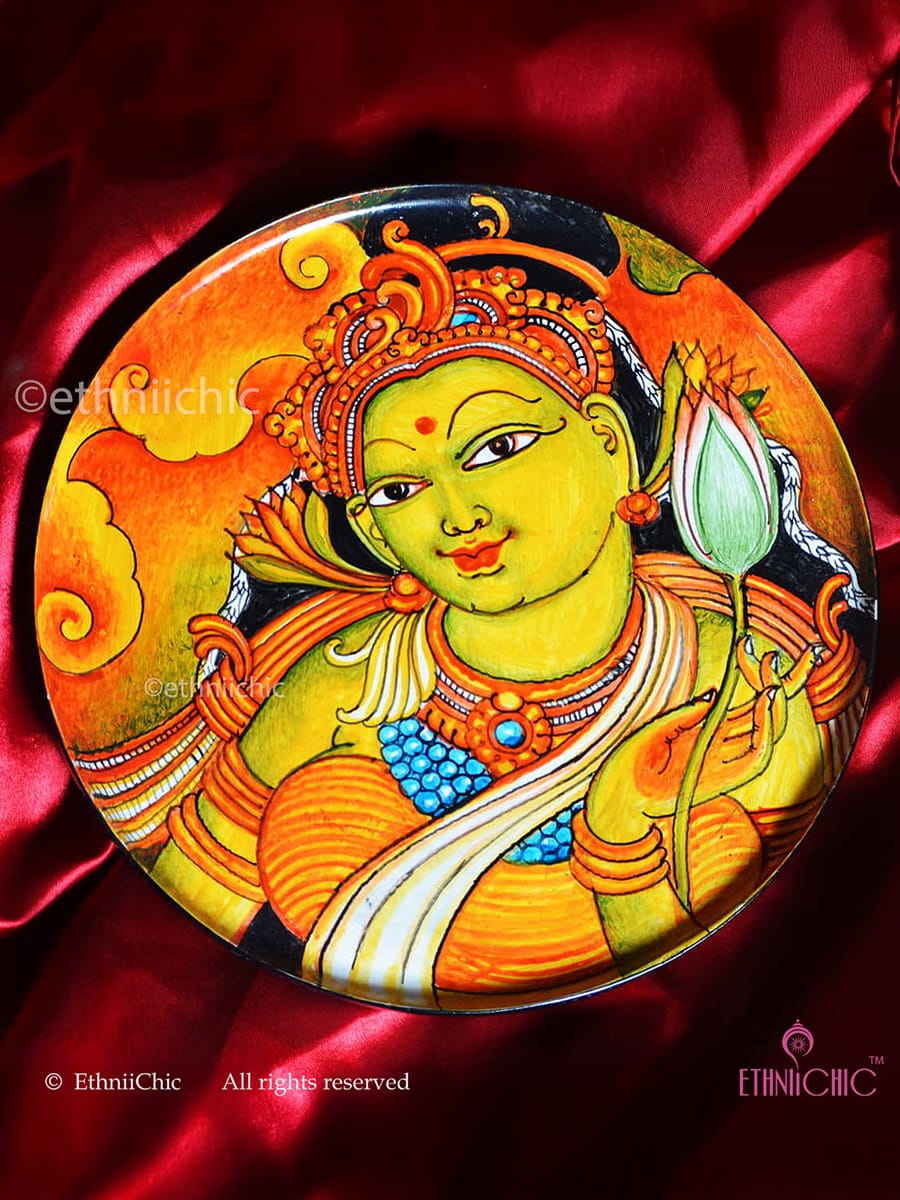 Hand painted Wooden Apsara Kerala Mural Wall Plate A - 10"
