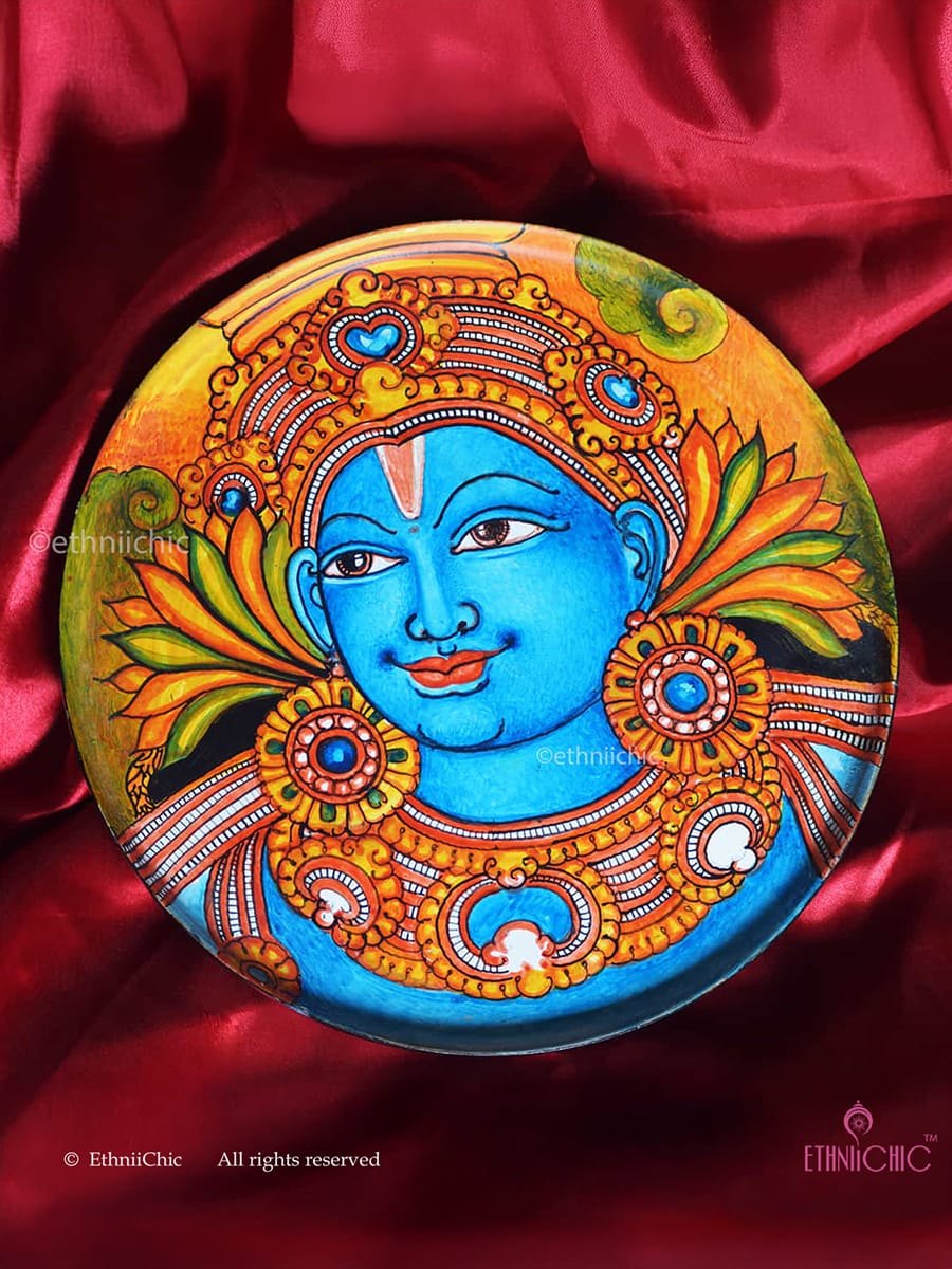 Hand painted Krishna Kerala Mural Wall Plate - 10"