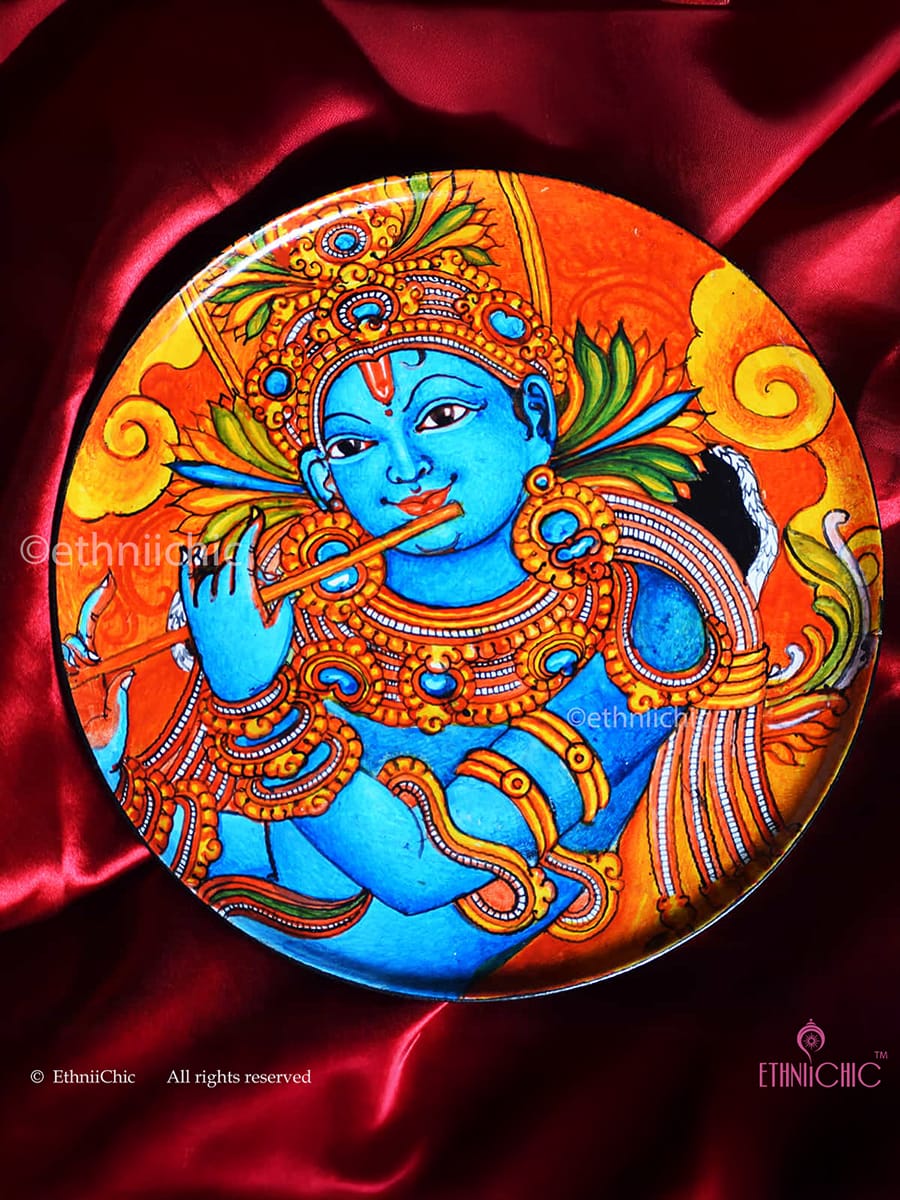 Handpainted Wooden Krishna Kerala Mural Wall Plate - 10"