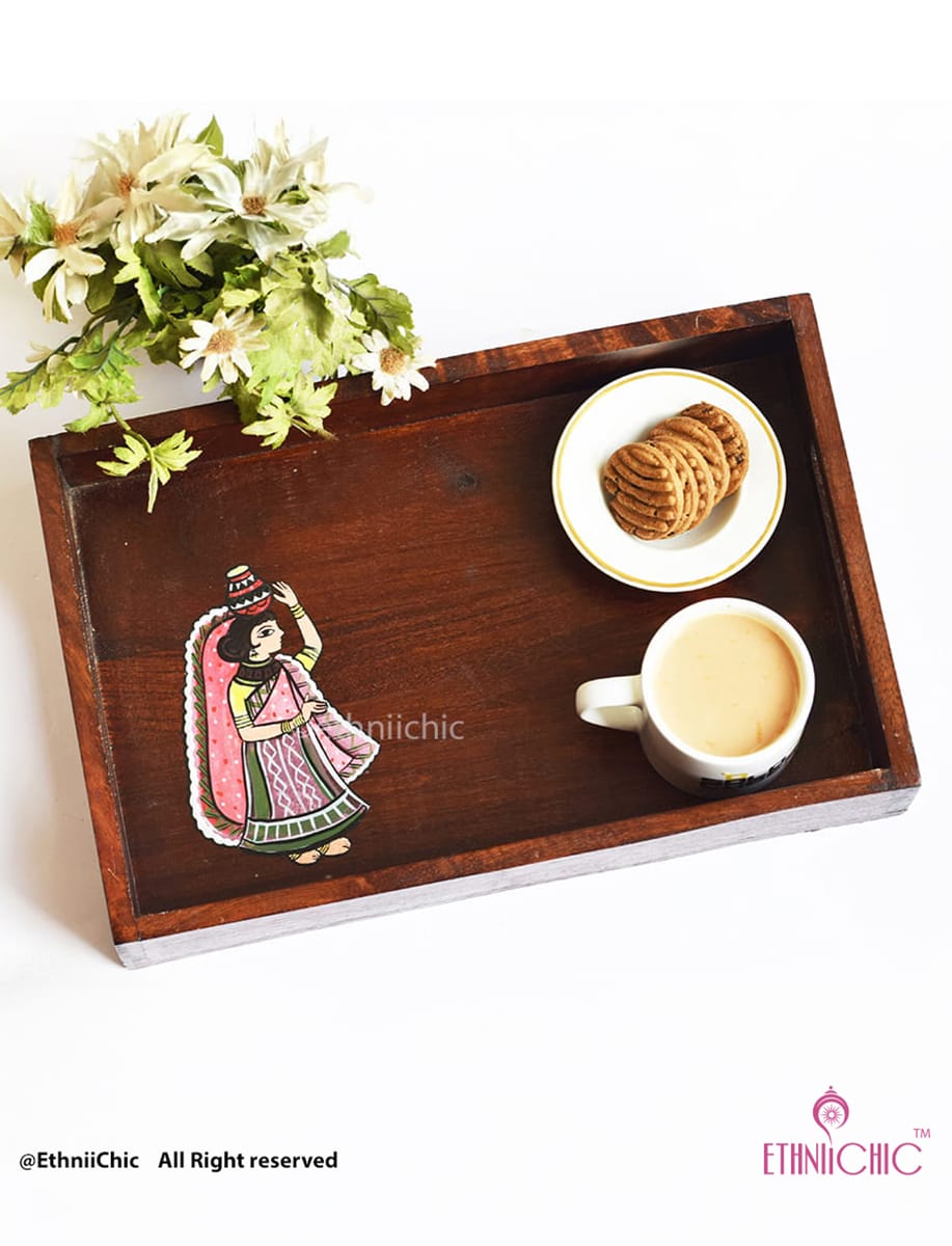 Hand painted Madhubani Lady Solid Wood Serving Tray