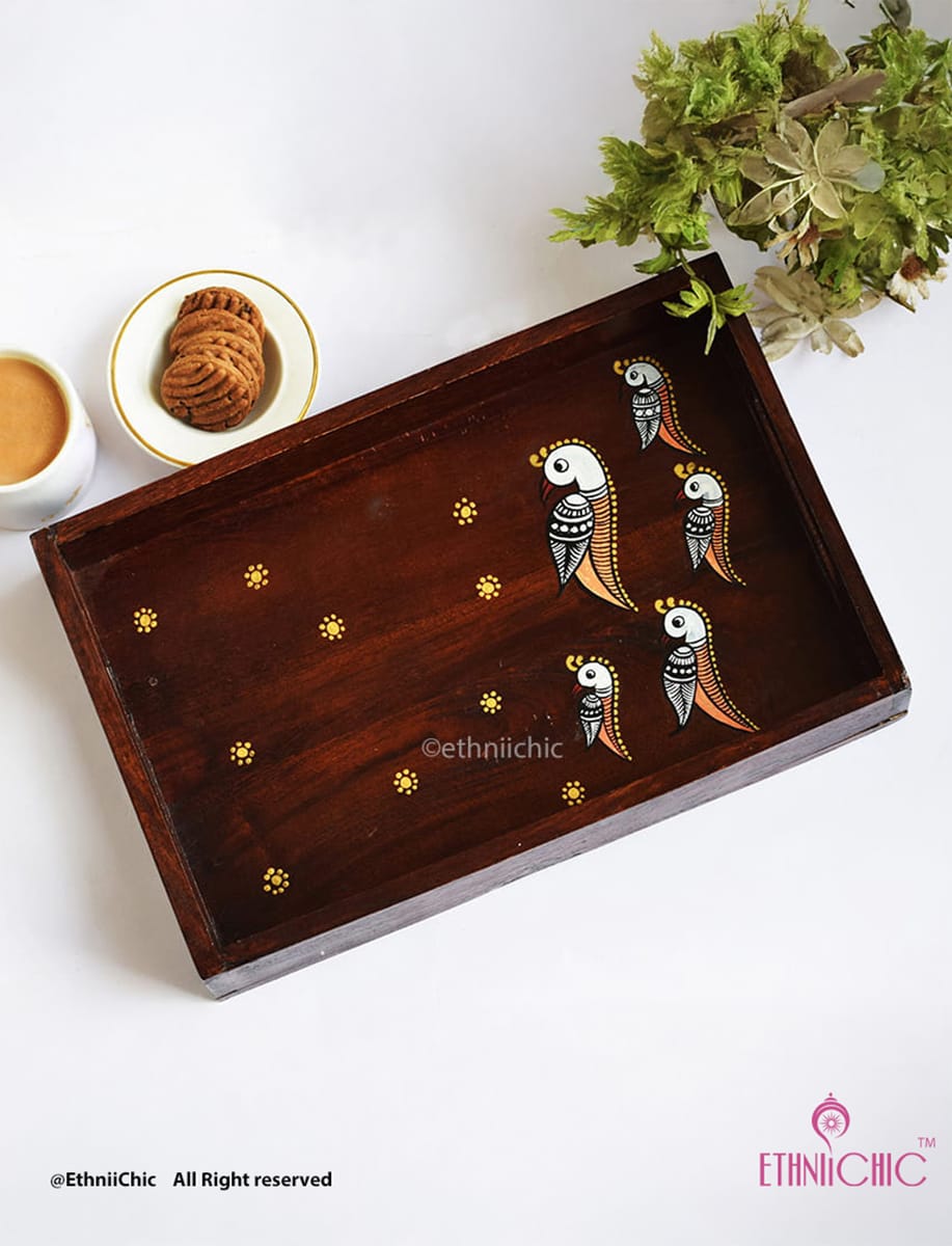 Hand Painted Parrots Solid Wood Serving Tray