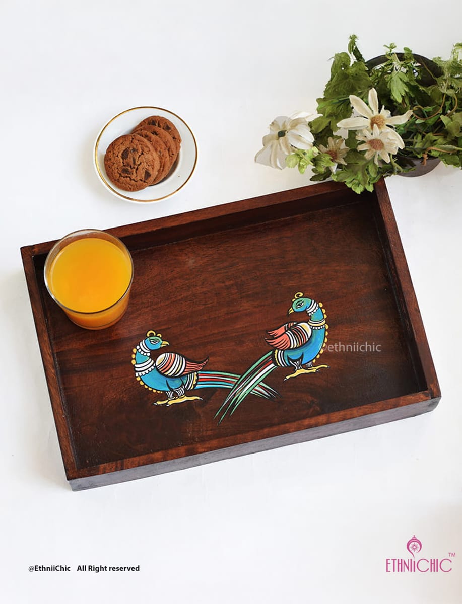 Hand painted Peacocks Solid Wood Serving Tray