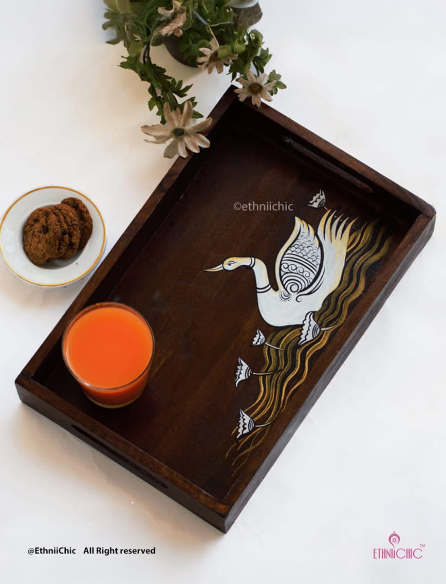 Hand Painted Swan Solid Wood Serving Tray