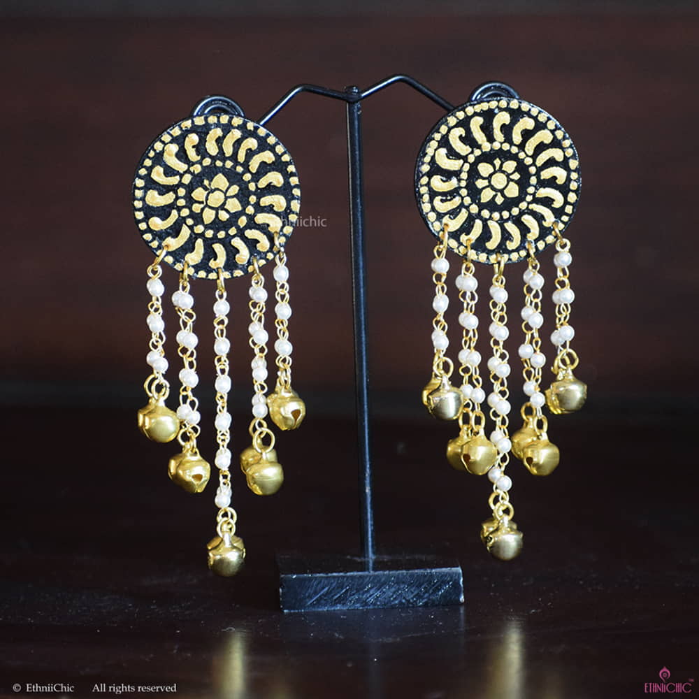 Hand-painted Gold in Black Mandala Earrings, hand-painted earring, Medium Density Pre-engineer Wood | EthniiChic 
