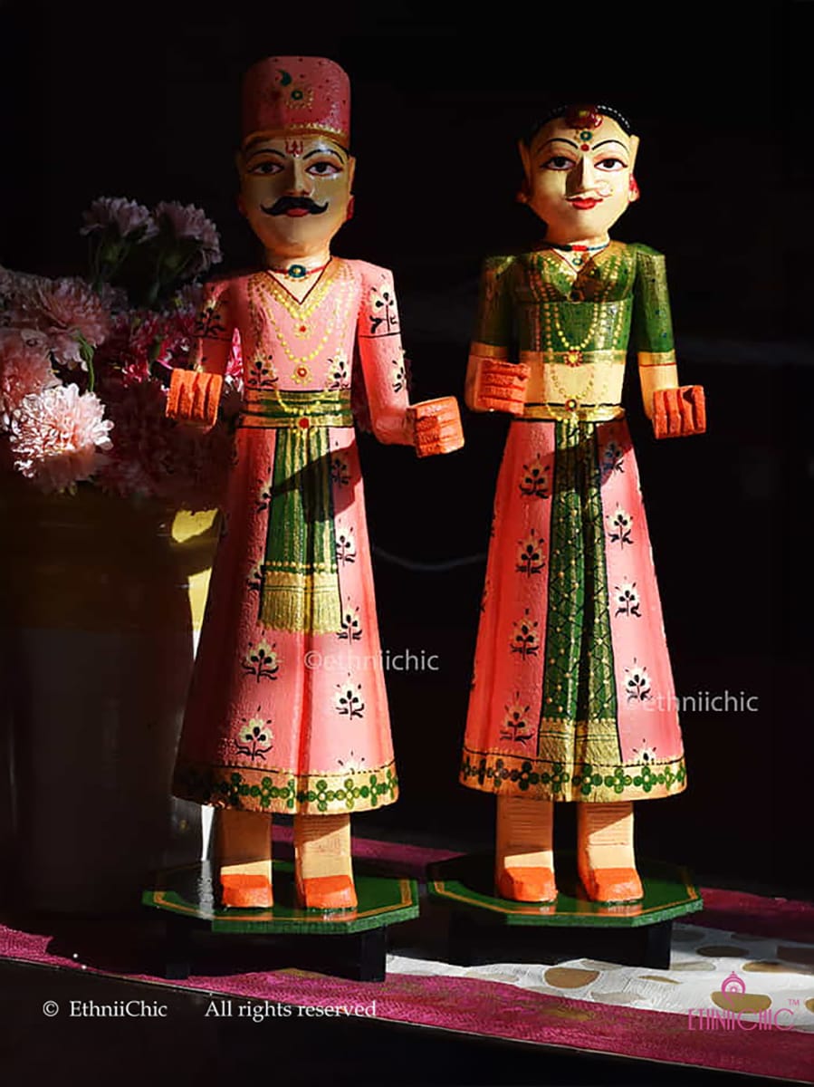 Wooden Gangaur Dolls 18"- Peach & Olive Green