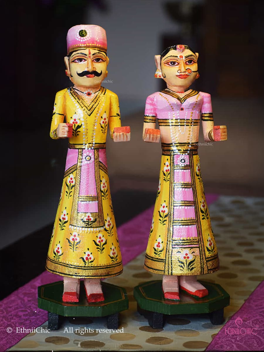 Wooden Gangaur Dolls 12" - Yellow and Pink