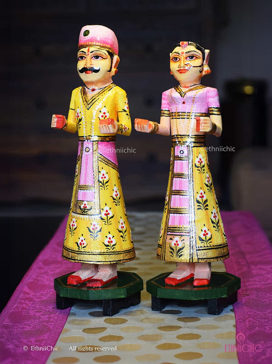 Wooden Gangaur Dolls 12" - Yellow and Pink