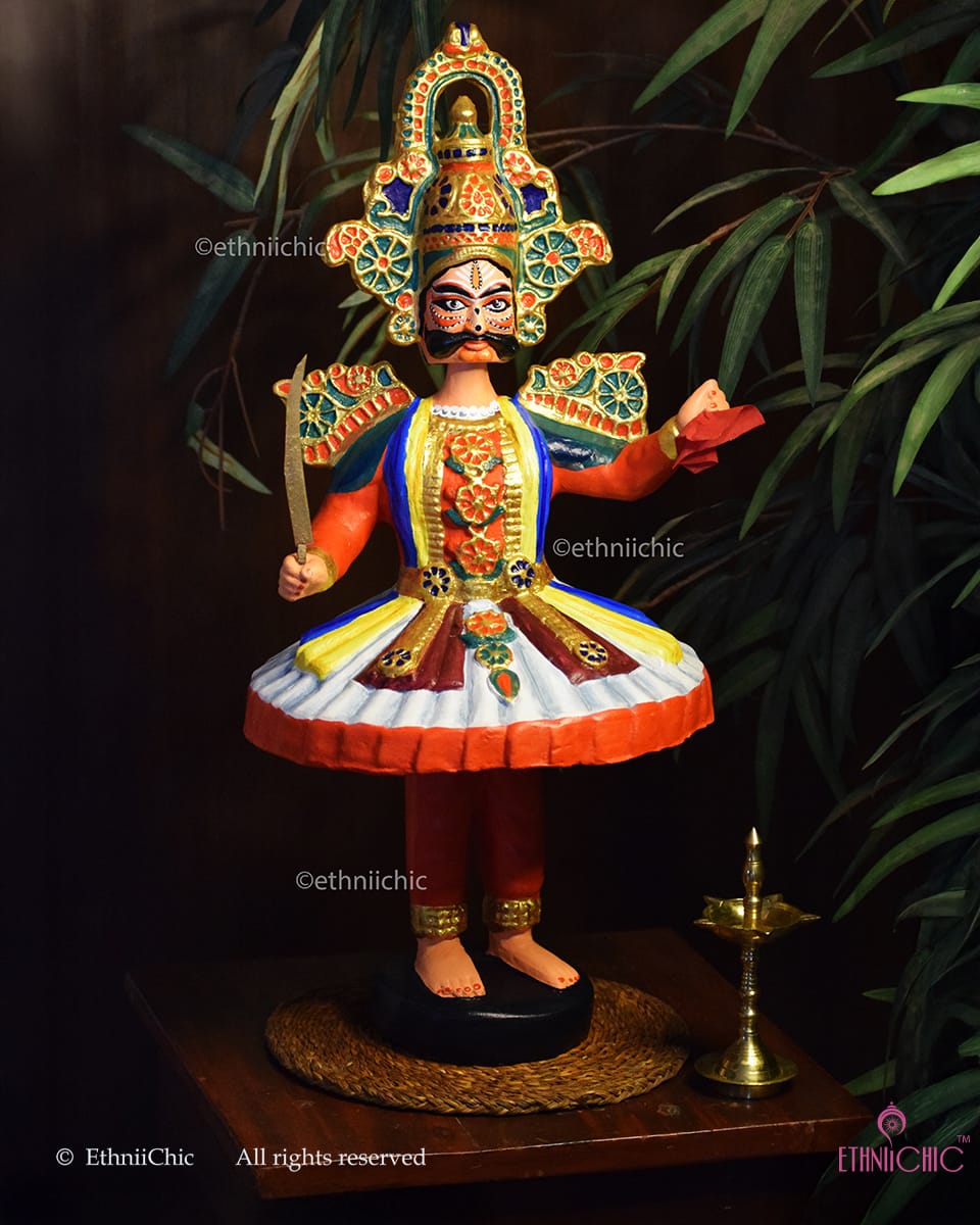 Therukoothu doll, handmade dancing doll, Tamil Nadu folk art decor, hand-painted Indian sculptures, traditional street theater art, EthniiChic handmade decor, South Indian cultural gifts, ethnic home accents India, Mahabharata character figurines, artisanal wooden dolls.