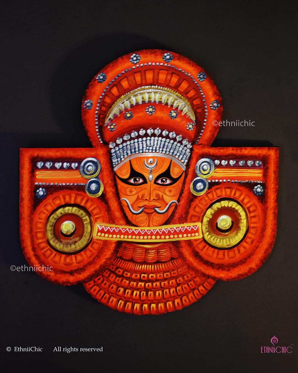 Hand-Painted Theyyam Wall Plaque | Kerala Ritual Art | Large Wooden Wall Décor