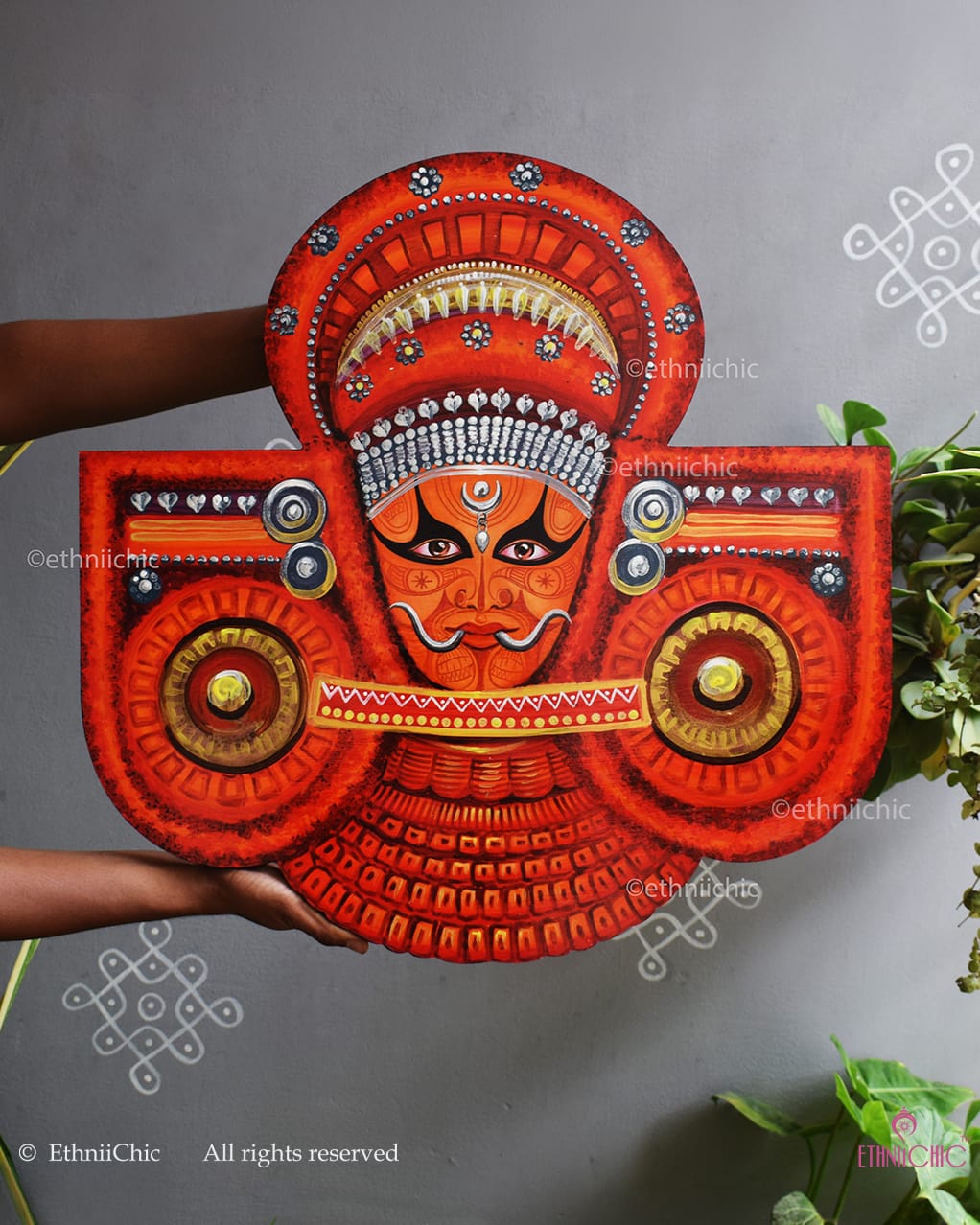 Hand-Painted Theyyam Wall Plaque | Kerala Ritual Art | Large Wooden Wall Décor
