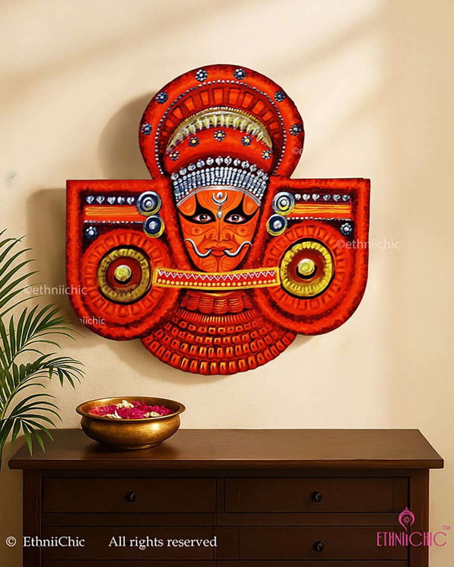 Hand-Painted Theyyam Wall Plaque | Kerala Ritual Art | Large Wooden Wall Décor