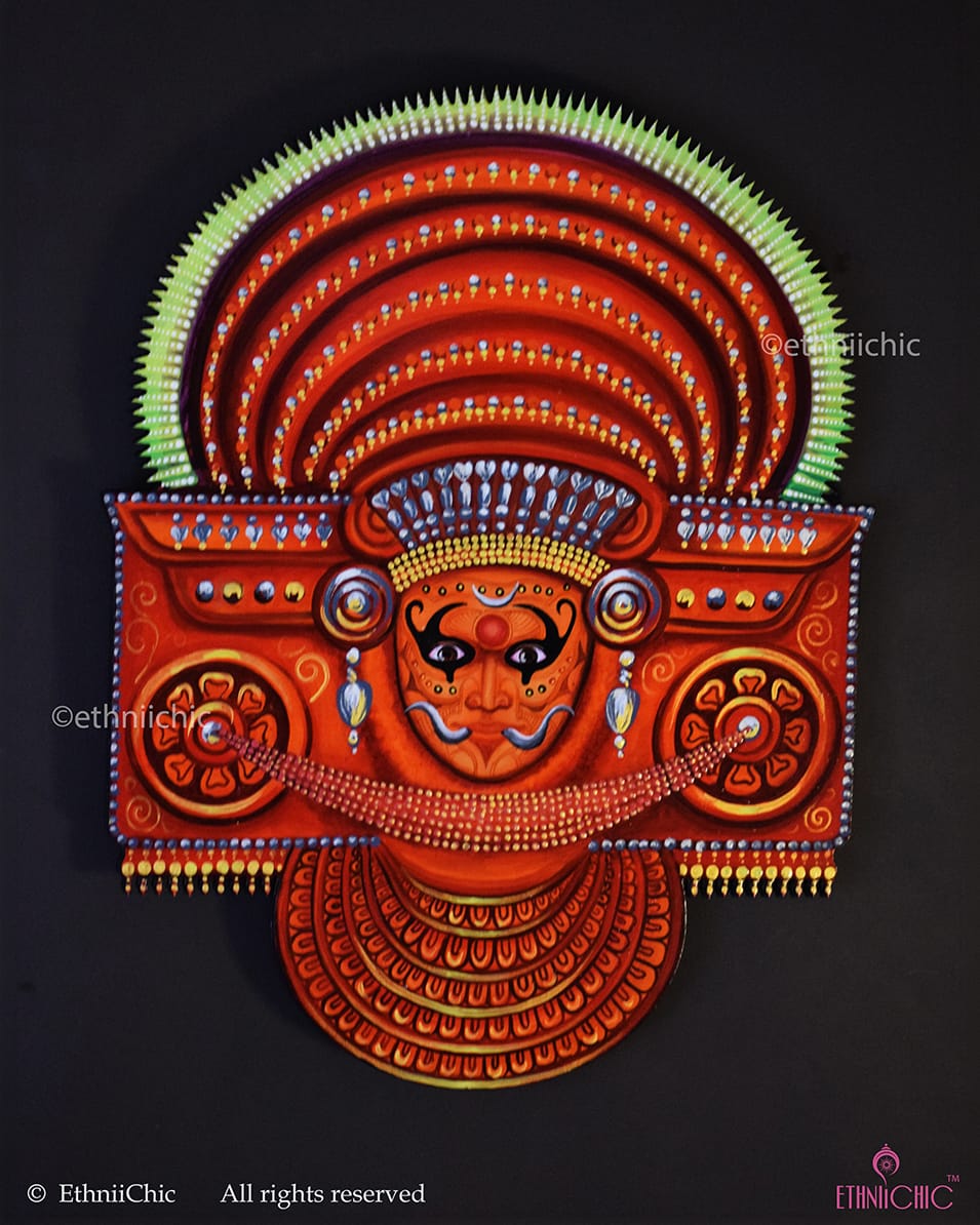 Hand-Painted Theyyam Goddess Plaque | Kerala Folk Art | Collectible Indian Wall Décor