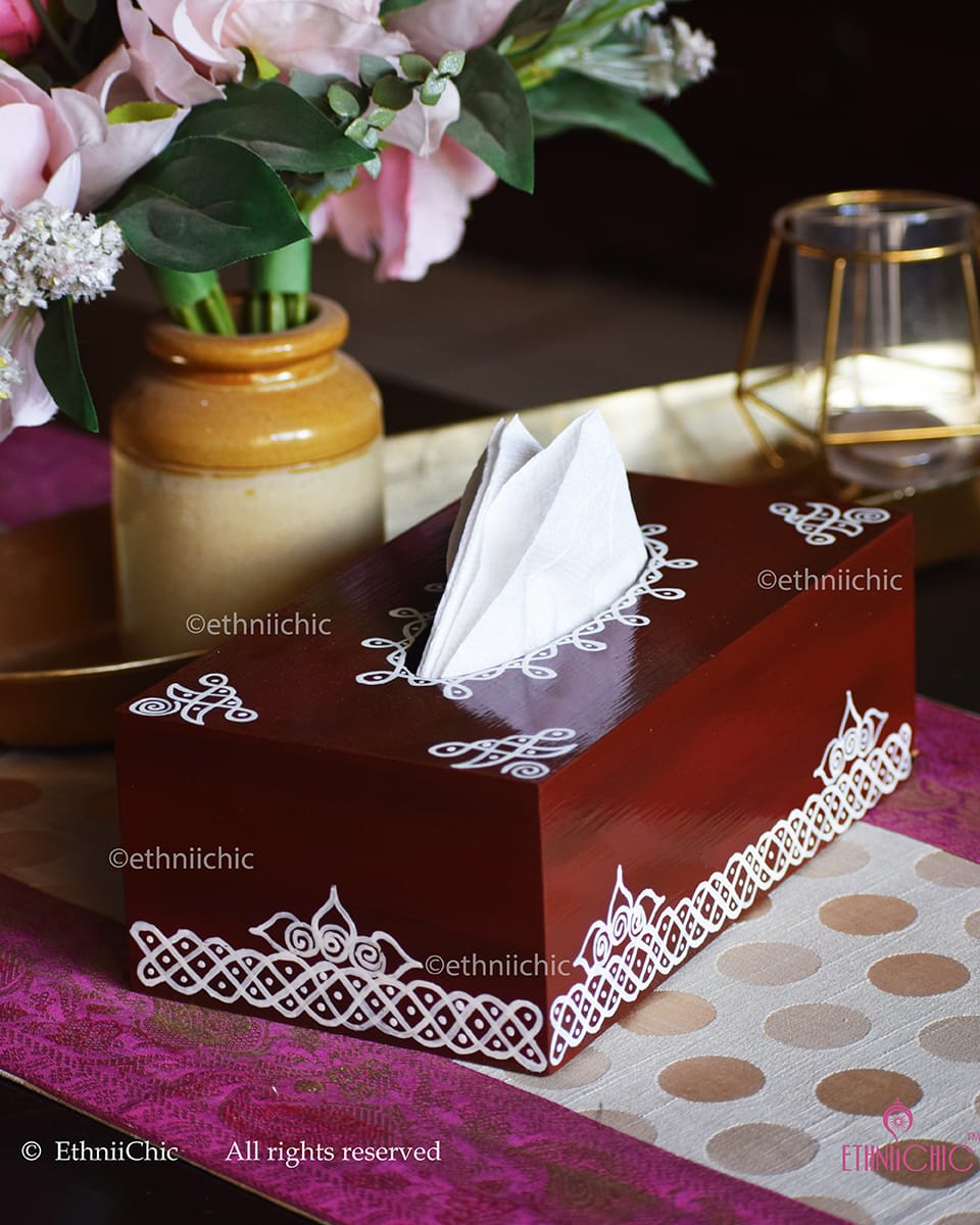 Hand-Painted Wooden Tissue Box – Kolam Art