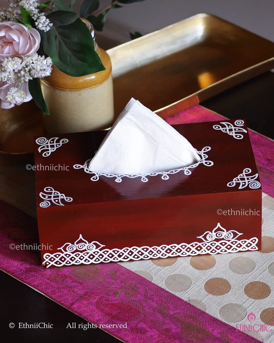 Hand-Painted Wooden Tissue Box – Kolam Art