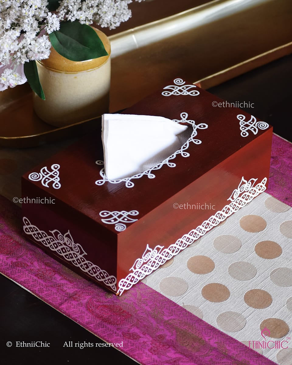 Hand-Painted Wooden Tissue Box – Kolam Art