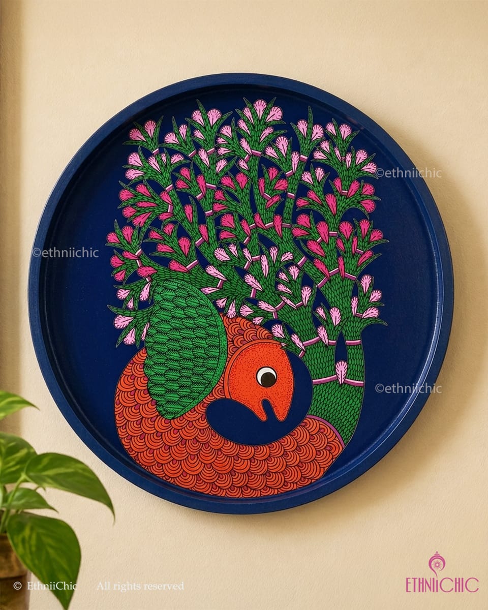 Machli aur Vriksha – Hand Painted Gond Wooden Wall Plate