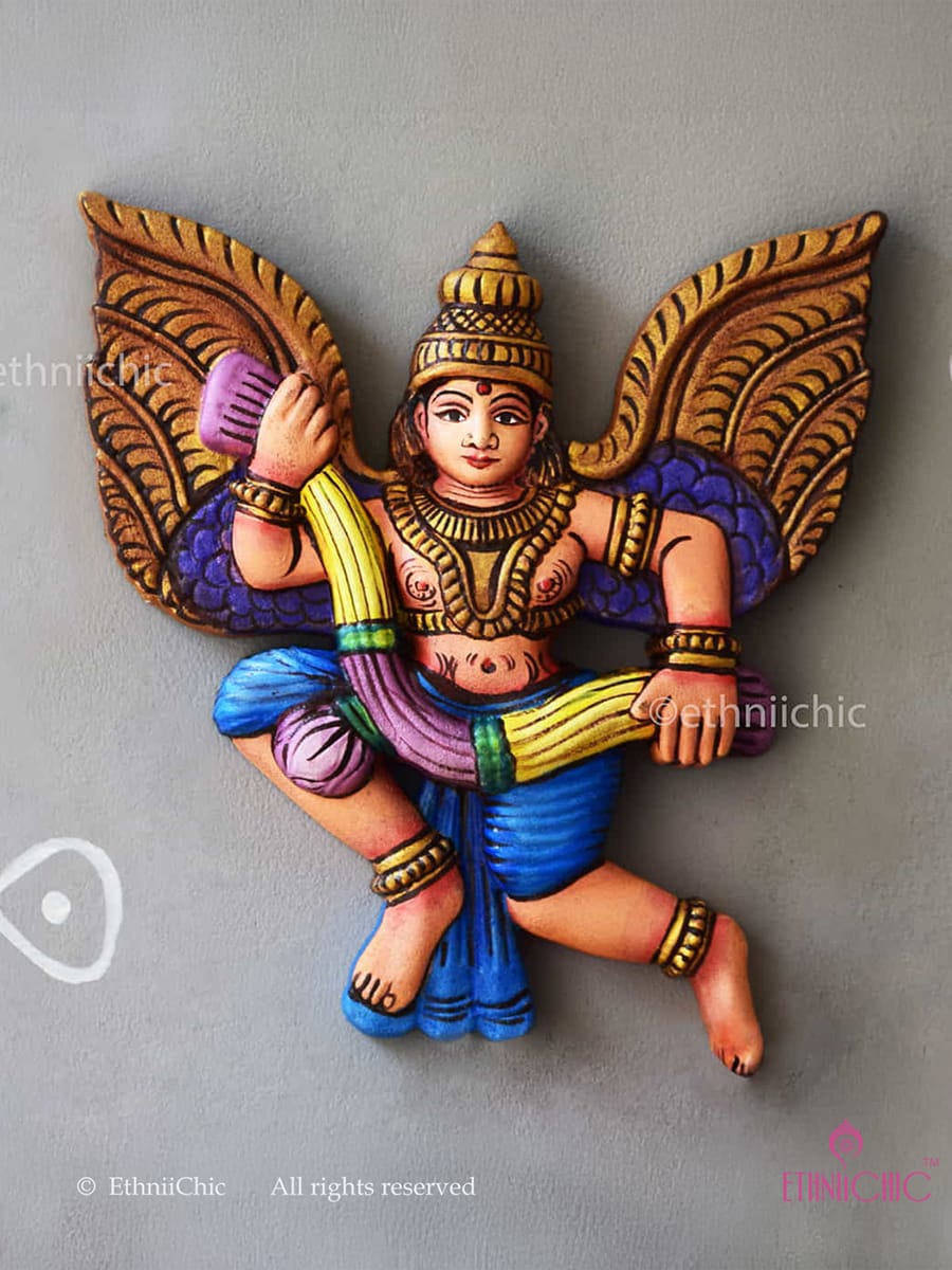 Wooden Handcarved Hand Painted Gandharva with Garland