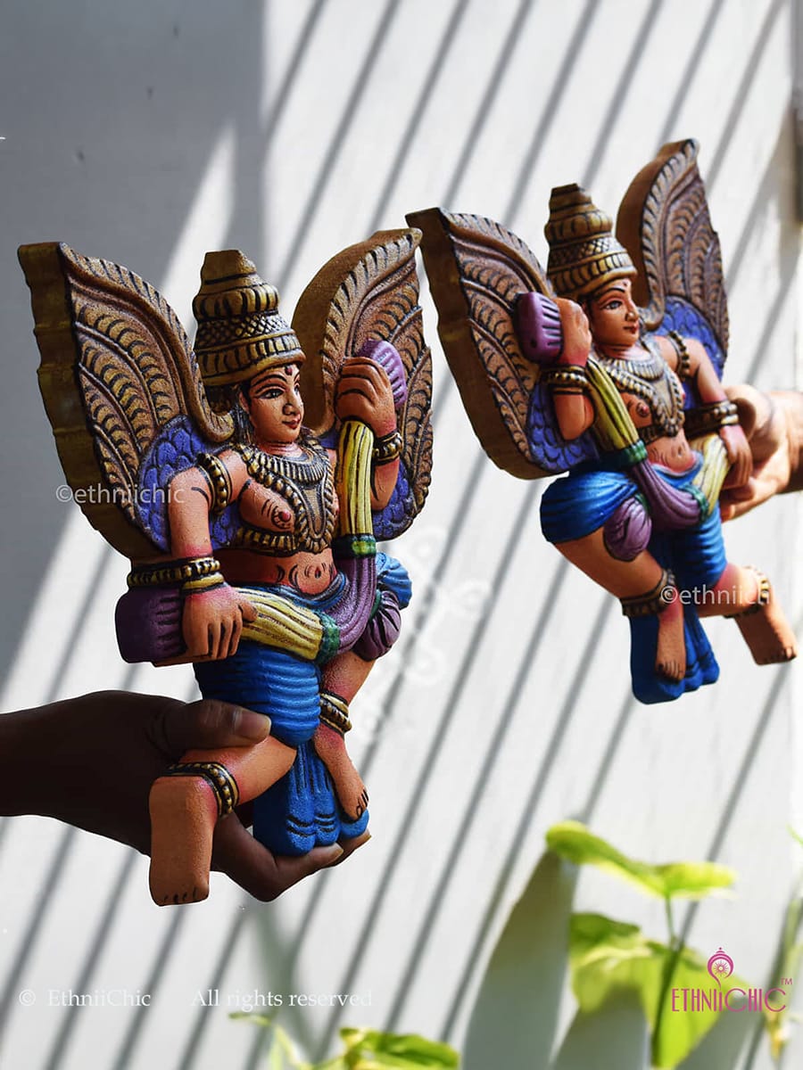 Wooden Handcarved Hand Painted Gandharva with Garland