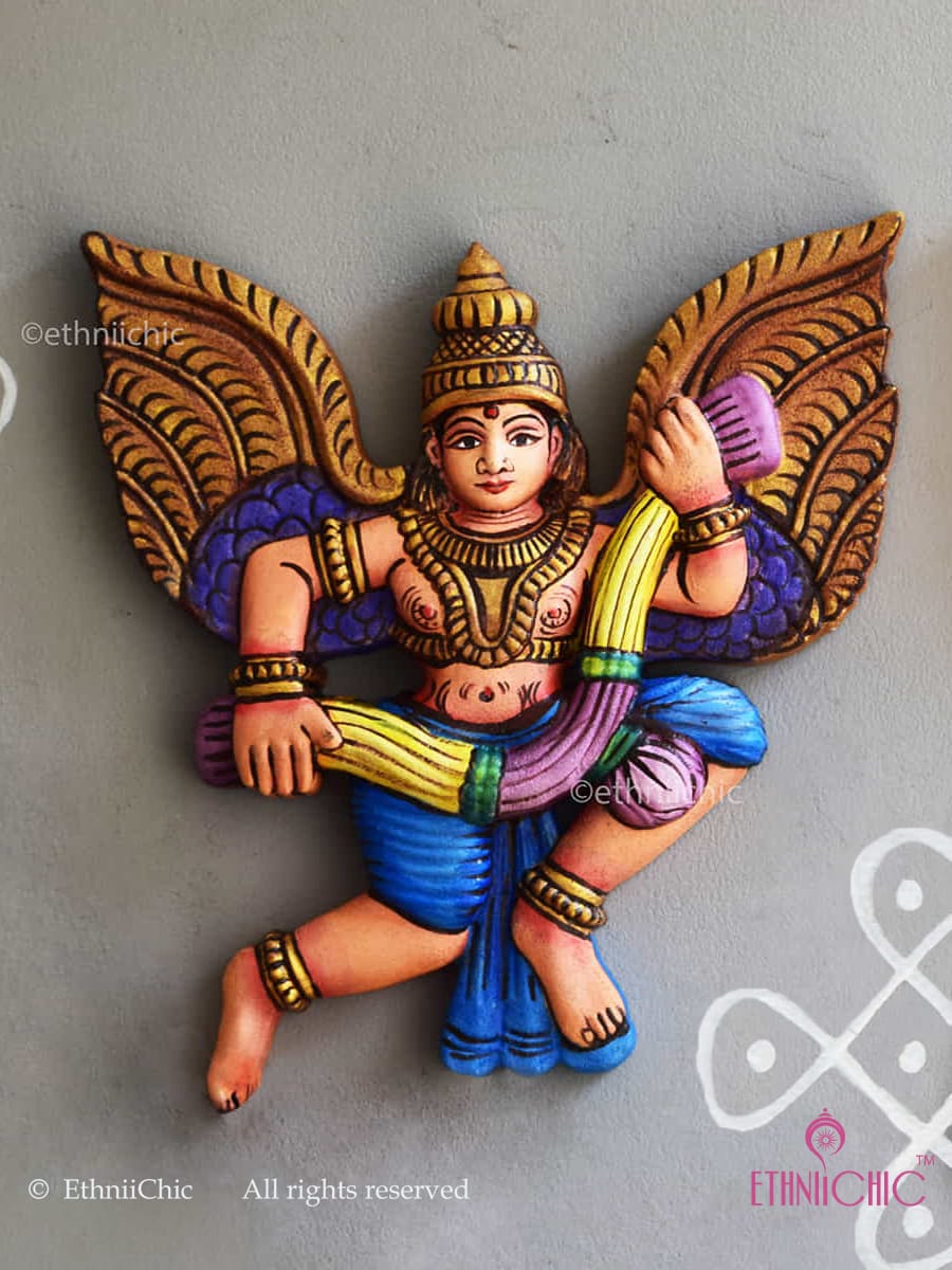 Wooden Handcarved Hand Painted Gandharva with Garland