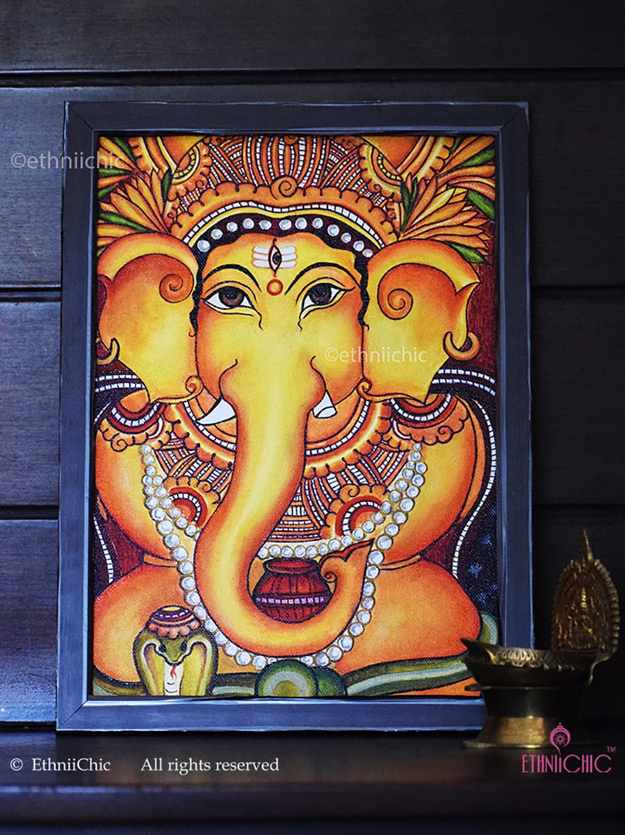 Kerala Mural Ganesha - Framed Canvas Painting