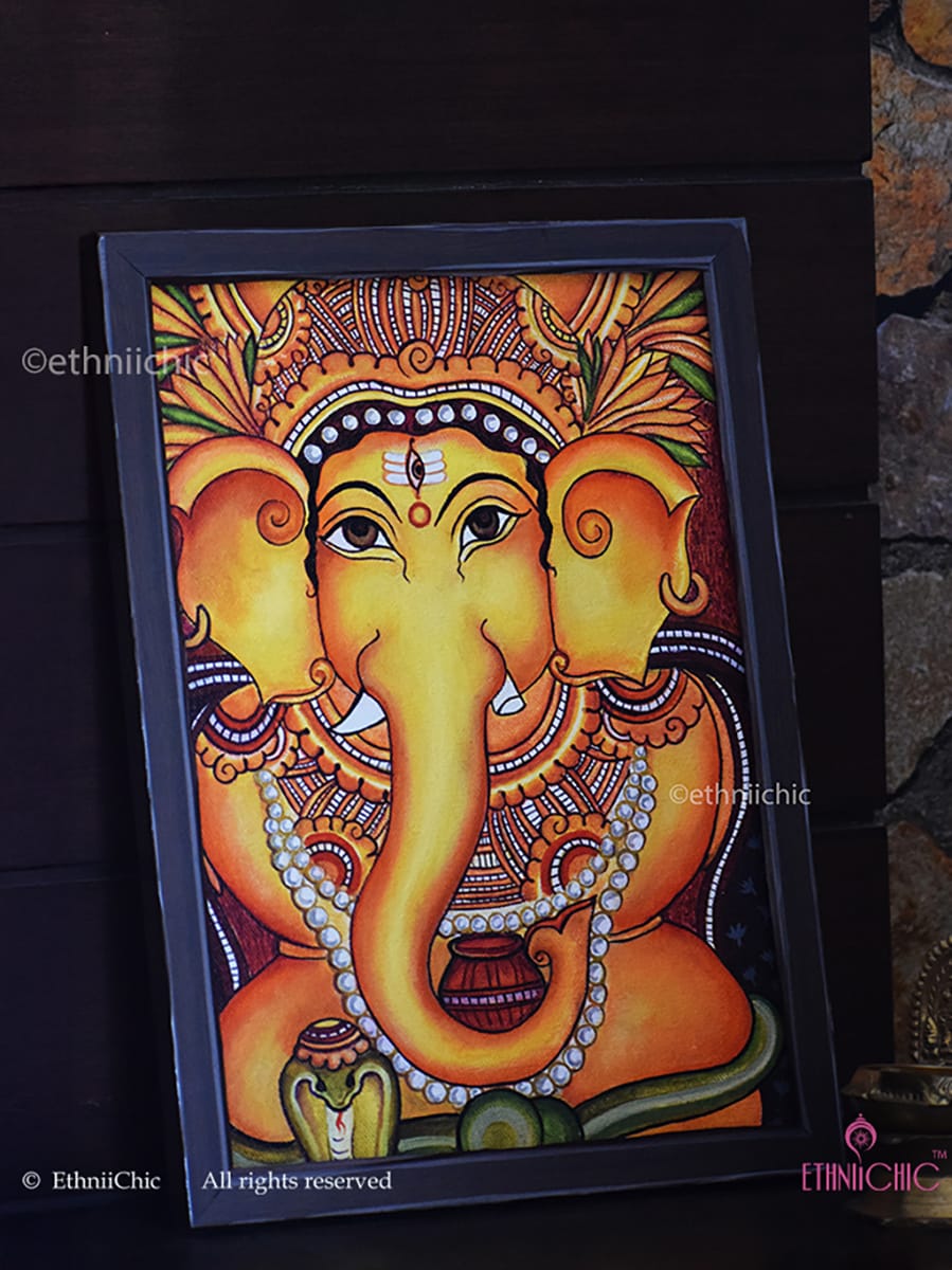 Kerala Mural Ganesha - Framed Canvas Painting