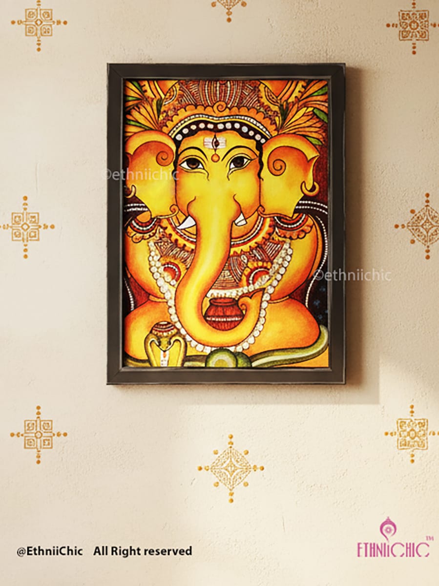 Kerala Mural Ganesha - Framed Canvas Painting
