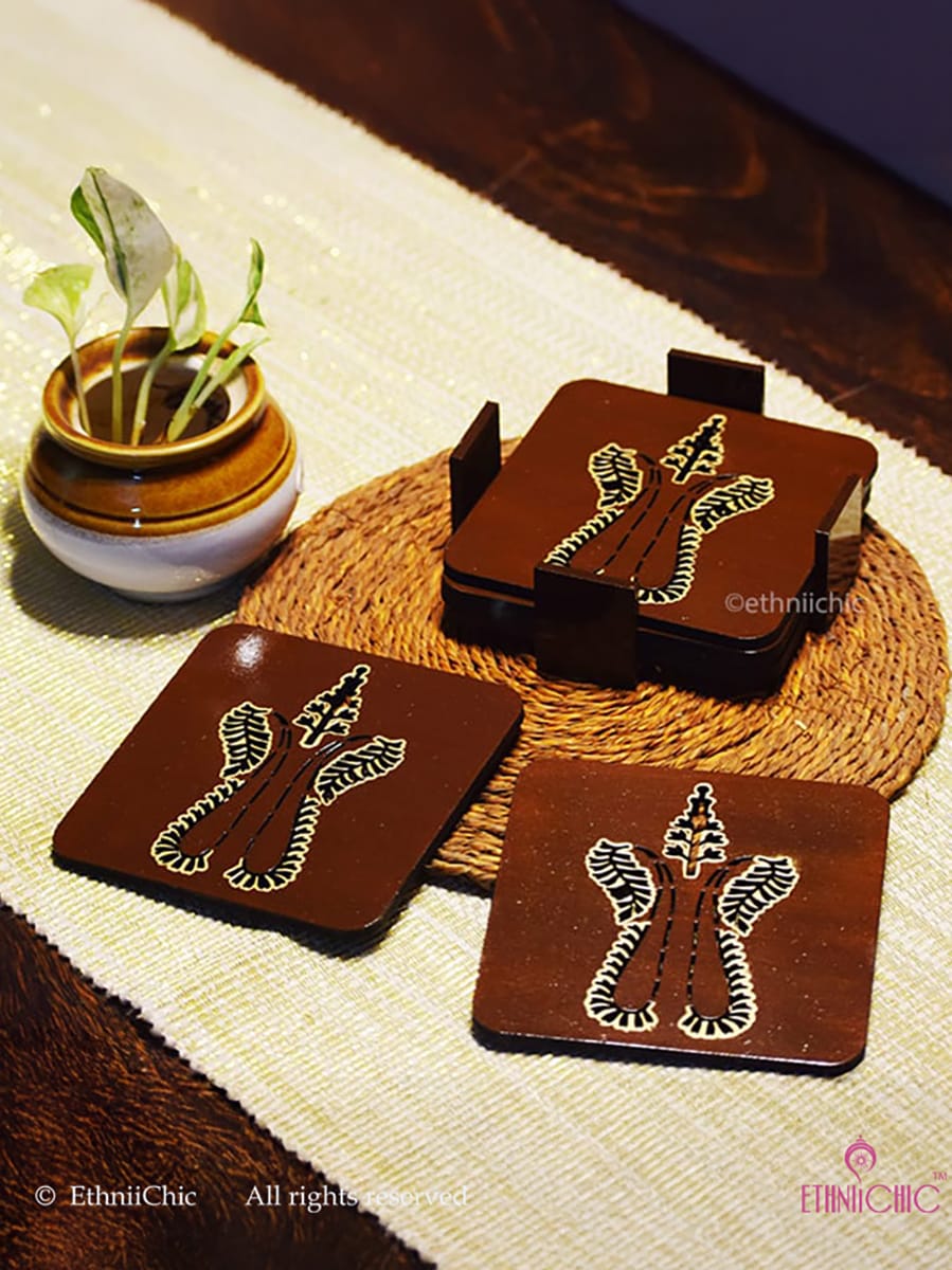 Hand Painted Jaali Coaster Set - Brown