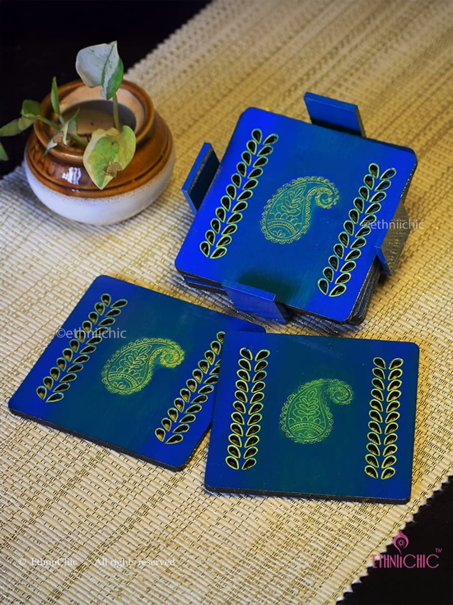 Hand Painted Jaali Coaster Set - Blue