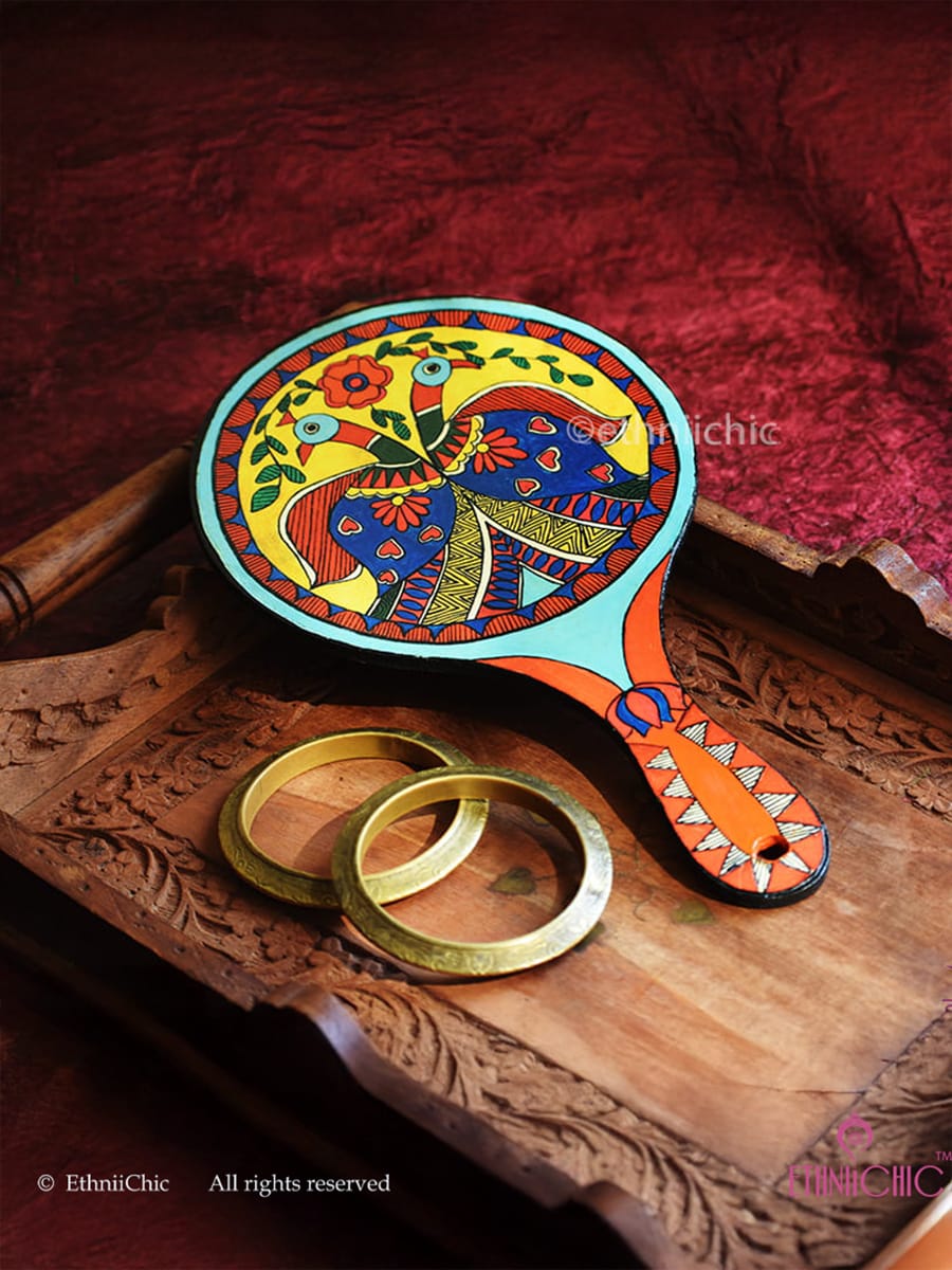 Hand Painted Madhubani Peacock Hand Mirror