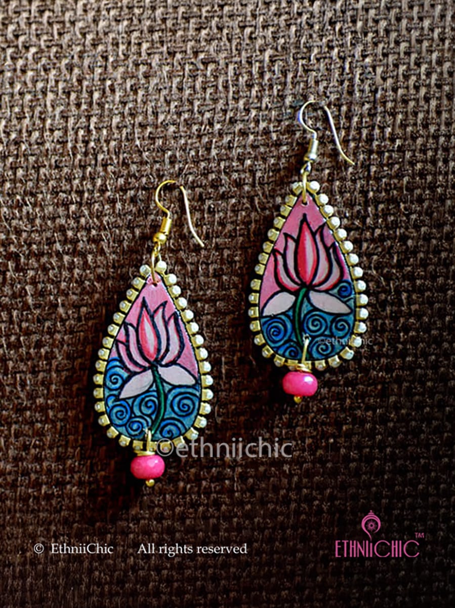 Kerala Mural Hand-painted Earrings - Lotus Motif (pink)