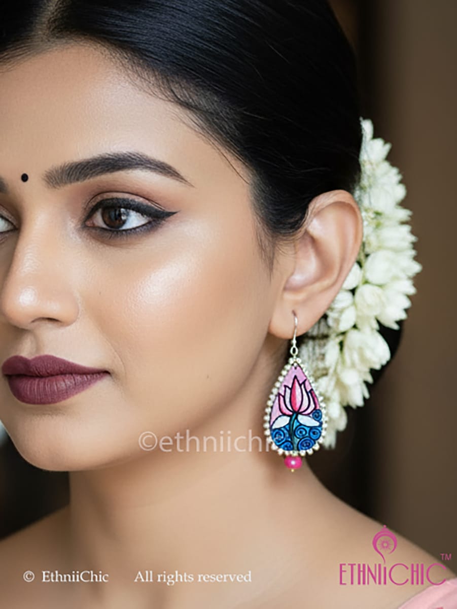 Kerala Mural Hand-painted Earrings - Lotus Motif (pink)