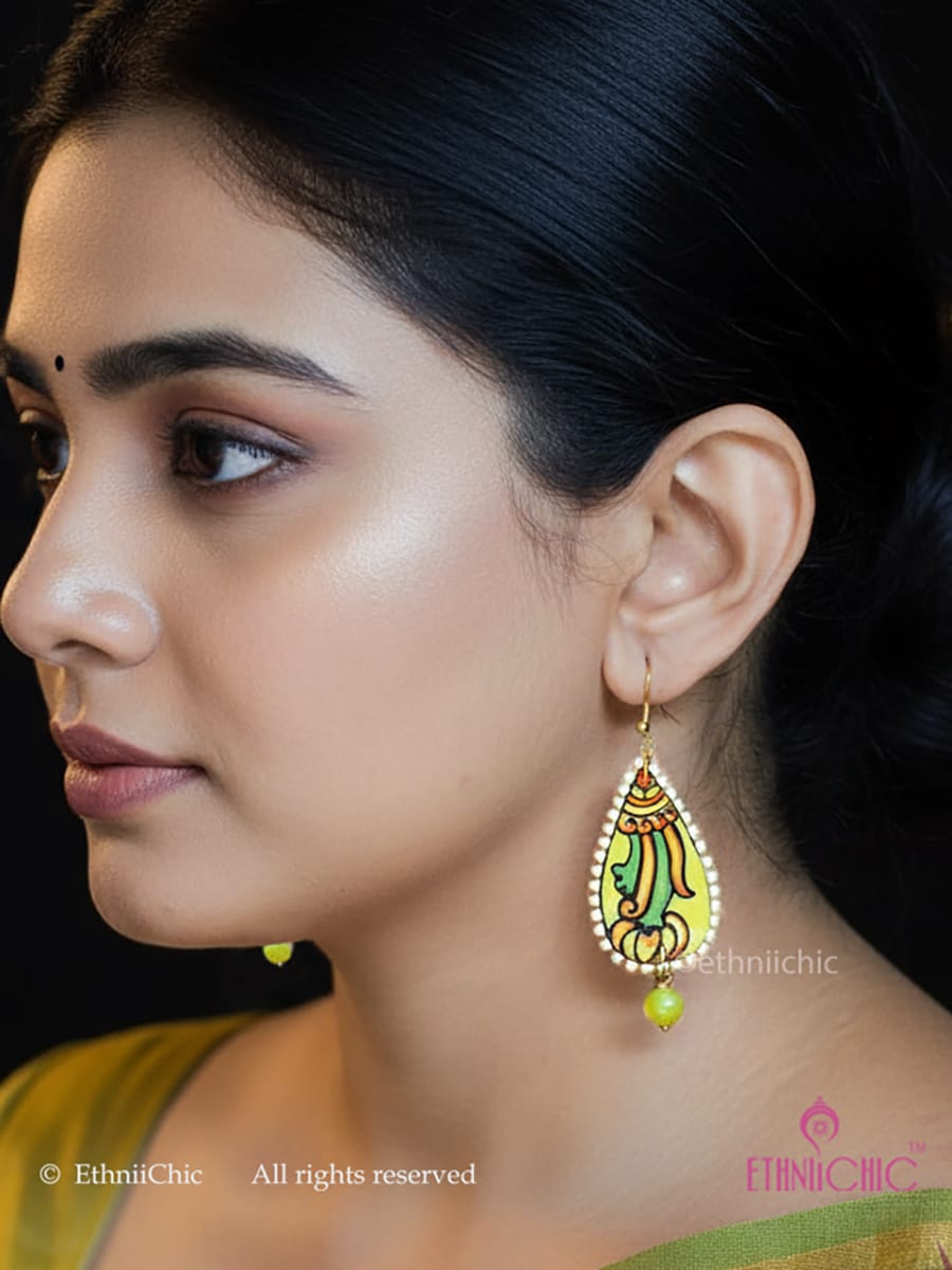 Kerala Mural Hand-painted Earrings- Floral Motifs (Yellow)