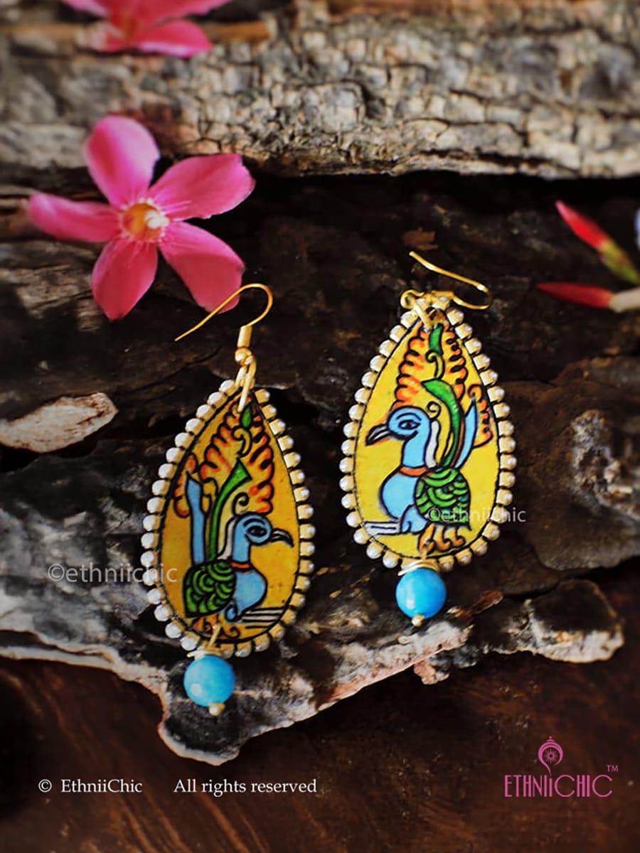 Kerala Mural Hand-painted Earrings - Peacock Motif