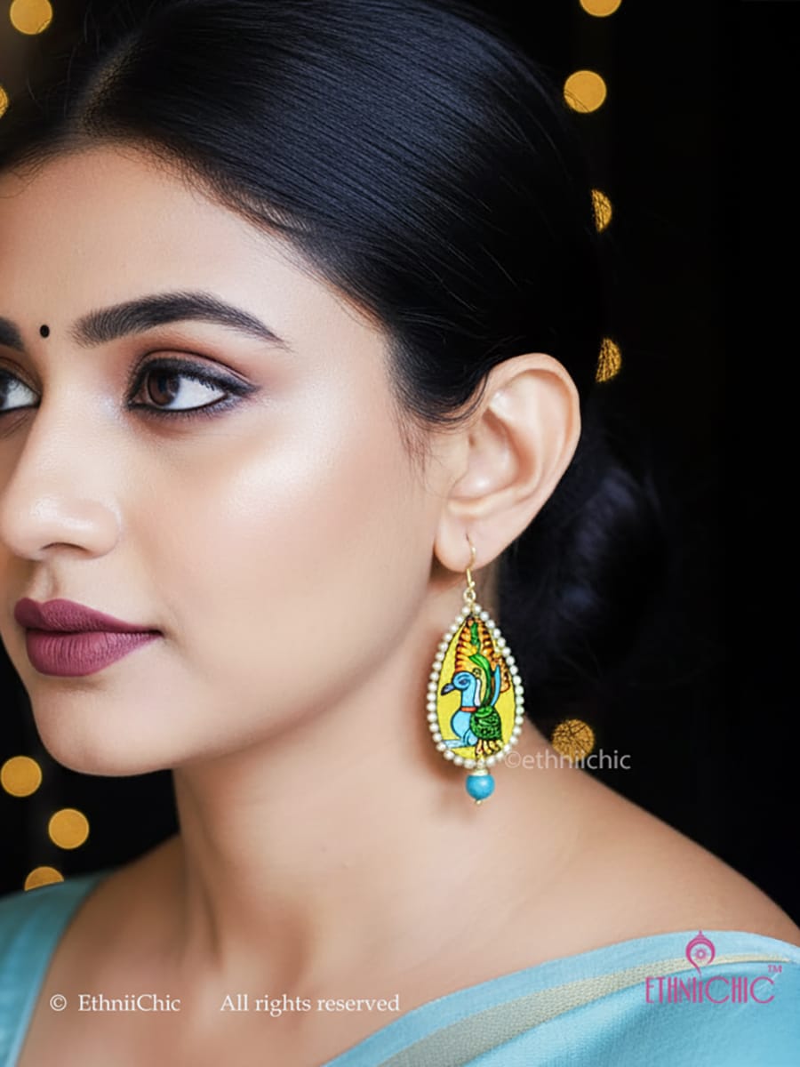 Kerala Mural Hand-painted Earrings - Peacock Motif