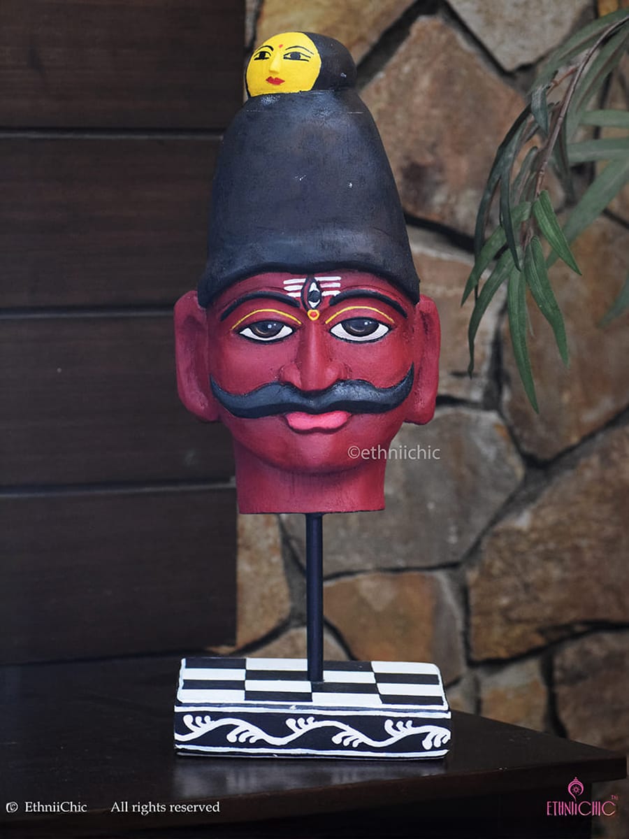 Wooden Hand Painted Shiva Head on stand - 14"