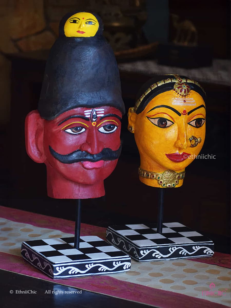 Wooden Hand Painted Shiva & Gauri Head on stand - Set of 2 heads