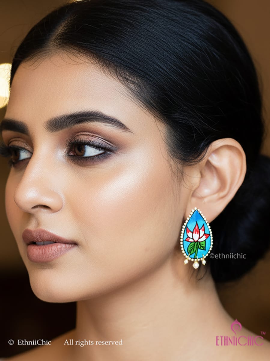 Kerala Mural Hand-painted Studs - Lotus Motif (Blue)