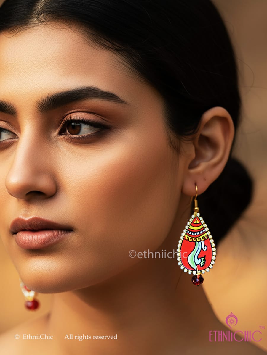 Kerala Mural Hand-painted Earrings - Red Floral