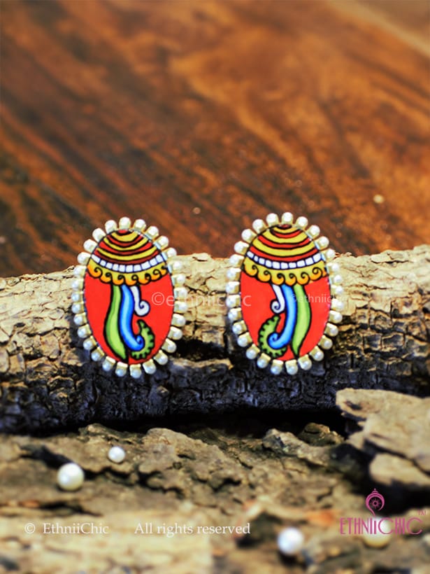 Kerala Mural Hand-painted studs - Floral (Red)